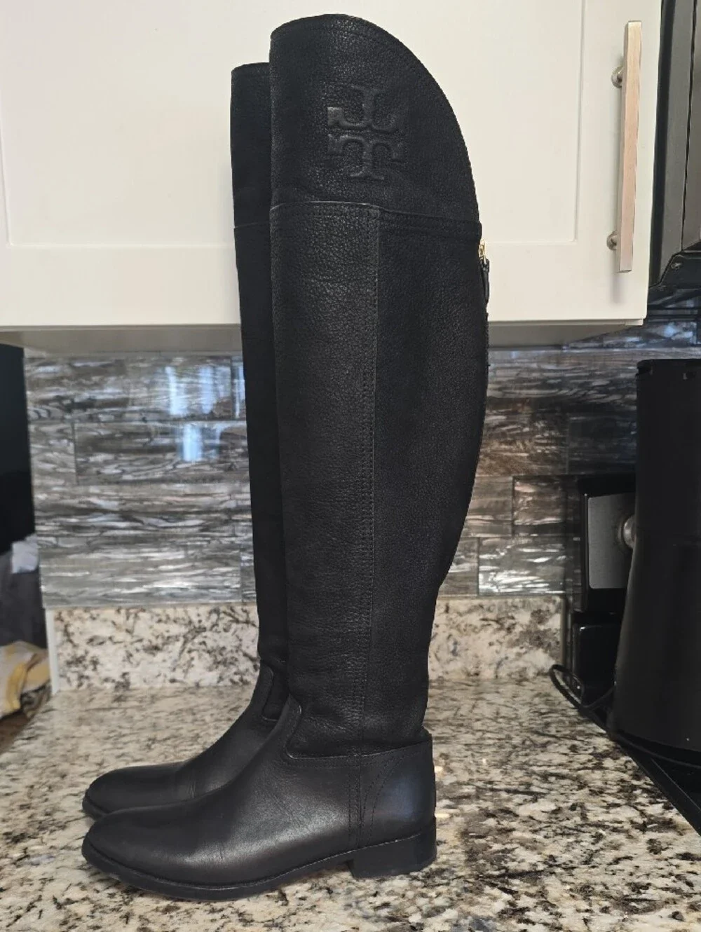 Tory Burch Black Leather Knee-High Riding Boots with Embossed Logo
